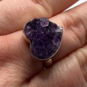 Amethyst Heart Druze Ring Size 8 - Sterling Silver